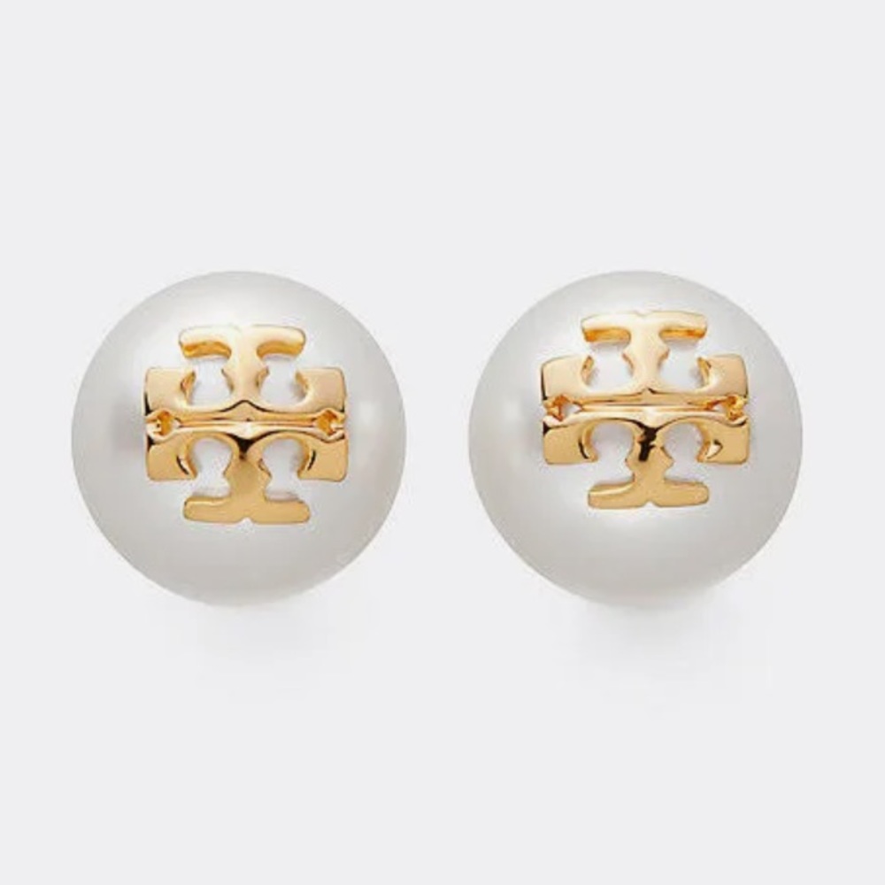 Tory Burch Crystal-Pearl Goldtone Logo Stud Earrings